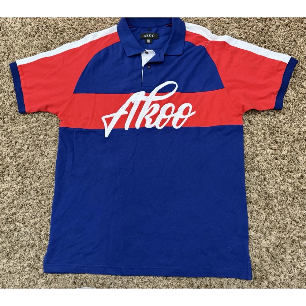 AKOO Colorblock Polo Shirt Navy Red White Short Sleeve Embroidered Mens Sz 2XL